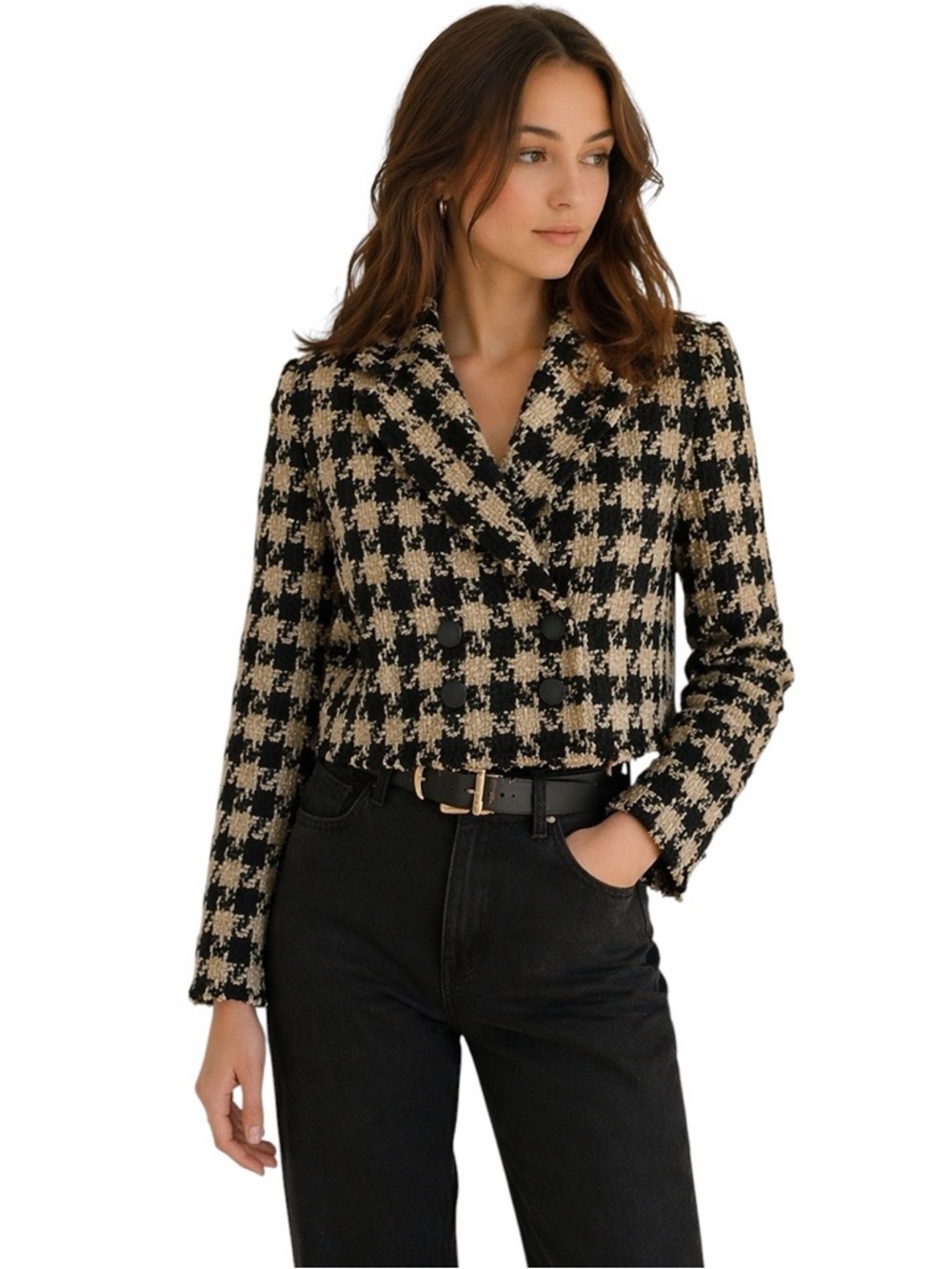 House of Harlow 1960 Tweed Cropped Blazer Black Cream Jacket S‎
